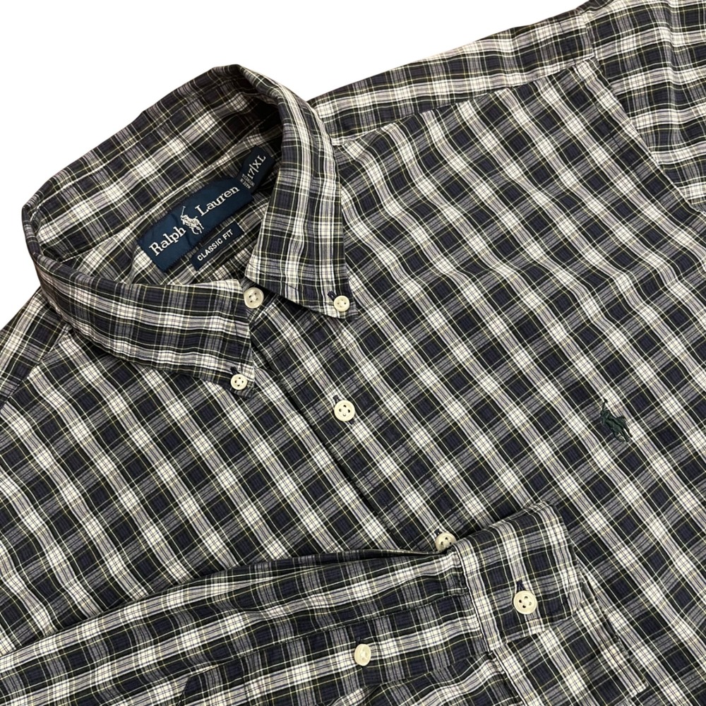 Ralph Lauren Button Down Shirt Mens XL Navy White Plaid Excellent Classic Fit
